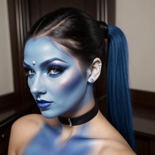 Sexy goth woman,blue face makeup, ponytail,genie