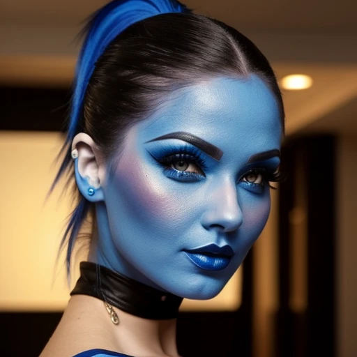 Sexy goth woman,blue face makeup, ponytail,genie