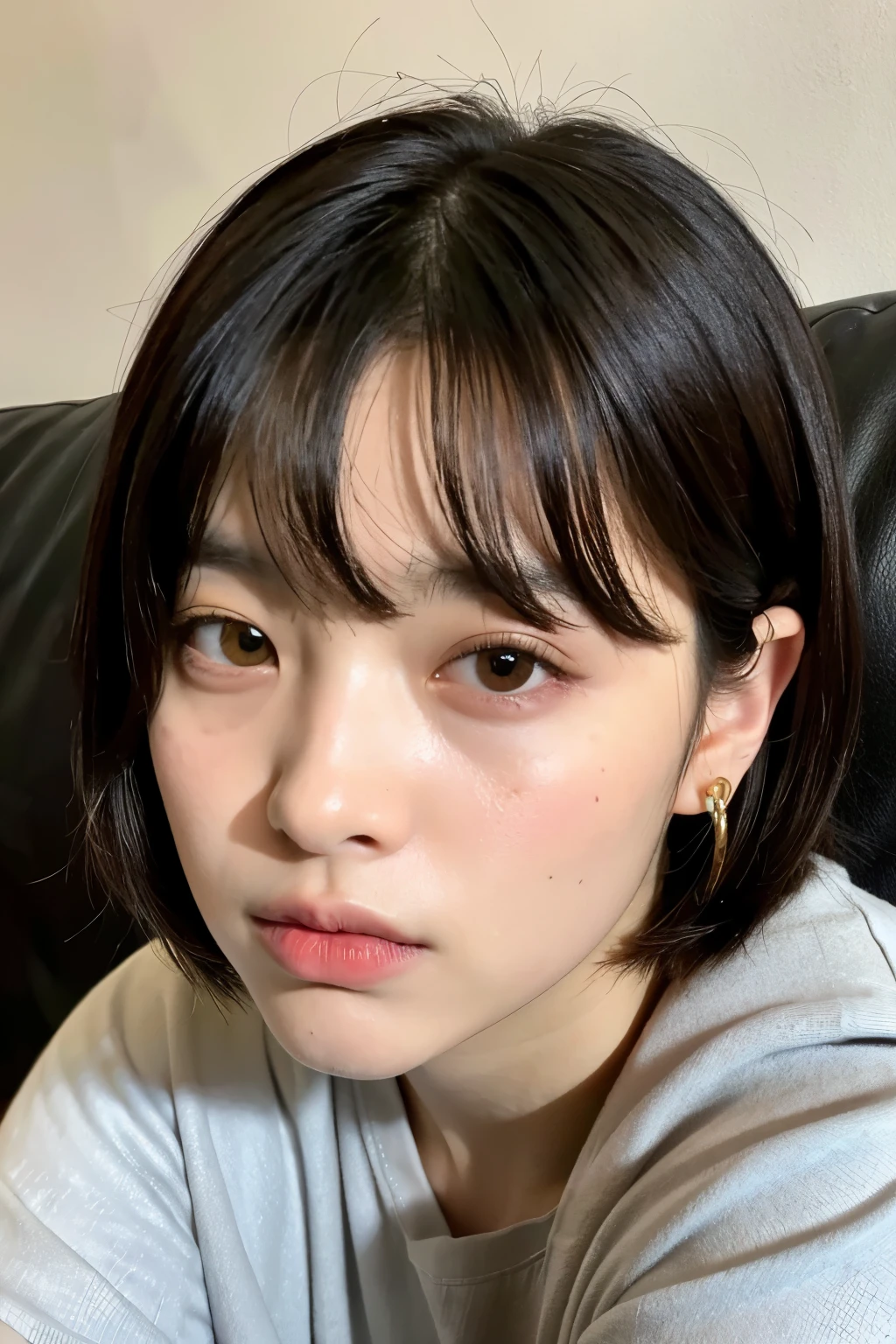 ((melhor qualidade)), ((obra de arte)), (detalhado), cara perfeitaArafed homem com regata preta , sitting on a sofa, Jungkook, Kim Doyoung, Jimin\the right eyelid is swollen, Wan lovely Korean face, taejune kim, com o mesmo penteado, 1 7 anos - idade de rosto fino, short hair on top of the head, hyung tae