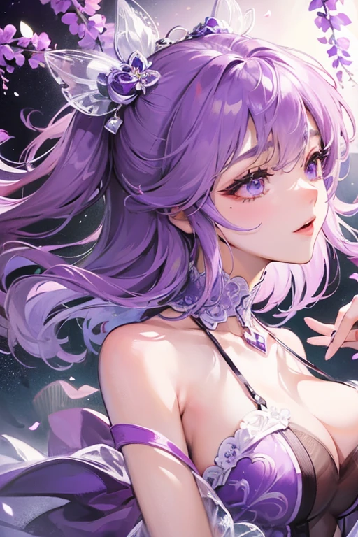 {{{{masterpiece}}}}, {{{super detailed}}}, {{{High resolution}}}, {{excellent anatomy}}, (((highest quality))), ((very delicate and beautiful)), {{very detailed and delicate}}, {8k cg wallpaper},((detailed background))One female、best style、beautiful woman、The most beautiful woman in the world、Purple flowers are blooming on the purple lake surface, soft purple glow, Purple light, (Wisteria shelf), wisteria season, art, Purple petals are dancing everywhere、 Purple water、purple reflective water surface、purple light、(((erotic transparent dress))),((big breasts))、erotic pose、bright light、dazzling light