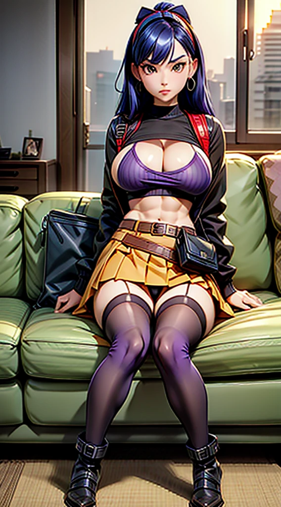 1990s, (masterpiece), high-definition, detailed face, korean girl, abs, (big tits: 1.4) big hips, messy (dark purple and blue hair), orange eyes, crop top sweater, jacket, (red tight skirt: 1.3), belt, (thong: 1.4), thigh high stockings, boots, fishnet, living room, sitting on a couch, (messenger bag: 1.3), sunset