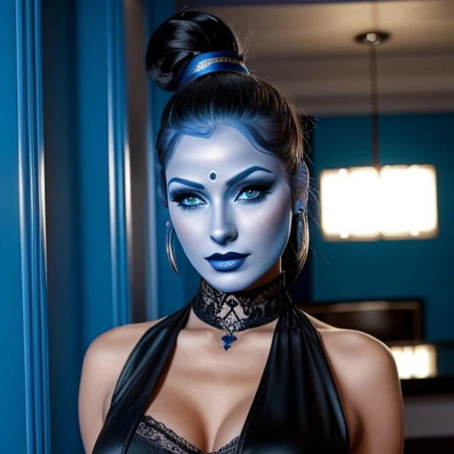 Sexy goth woman,blue face makeup, ponytail,genie