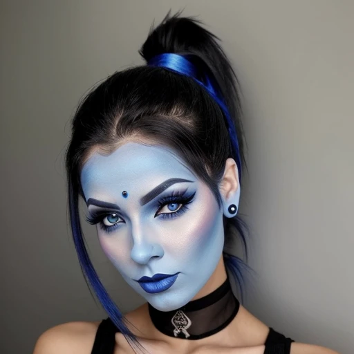 Sexy goth woman,blue face makeup, ponytail,genie