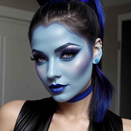 Sexy goth woman,blue face makeup, ponytail,genie