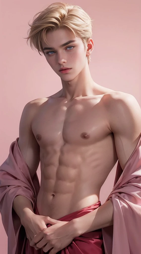 A ager boy, blondie short hair, 18 years old, pink eyes like a rubi, pale skin, rose lips, with a soft scar in your eyebrow right, perfect golden ratio. He use royalty uniform. Your background with some kind of magic. 8k, best quality masterpiece.