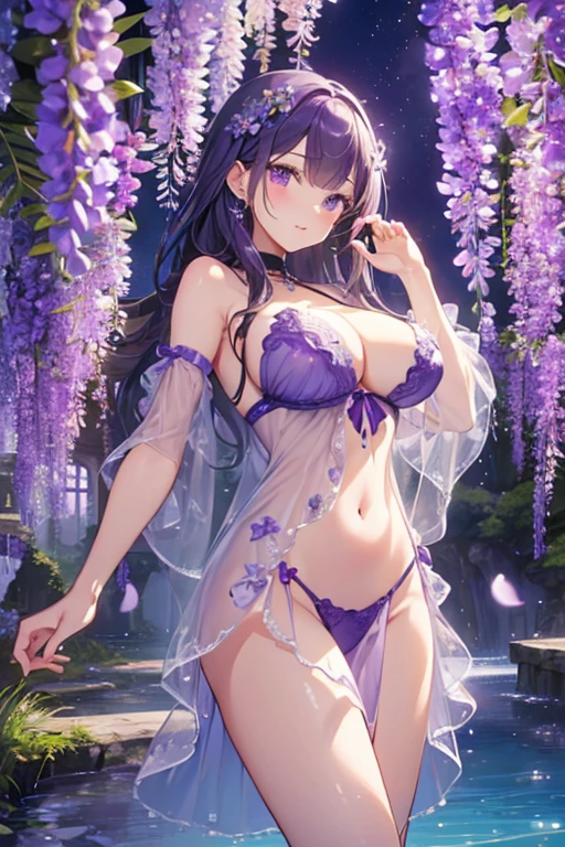 {{{{masterpiece}}}}, {{{super detailed}}}, {{{High resolution}}}, {{excellent anatomy}}, (((highest quality))), ((very delicate and beautiful)), {{very detailed and delicate}}, {8k cg wallpaper},((detailed background))One female、best style、beautiful woman、The most beautiful woman in the world、Purple flowers are blooming on the purple lake surface, soft purple glow, Purple light, (Wisteria shelf), wisteria season, art, Purple petals are dancing everywhere、 Purple water、purple reflective water surface、purple light、(((erotic transparent dress))),((big breasts))、erotic pose、bright light、dazzling light、clear sky
