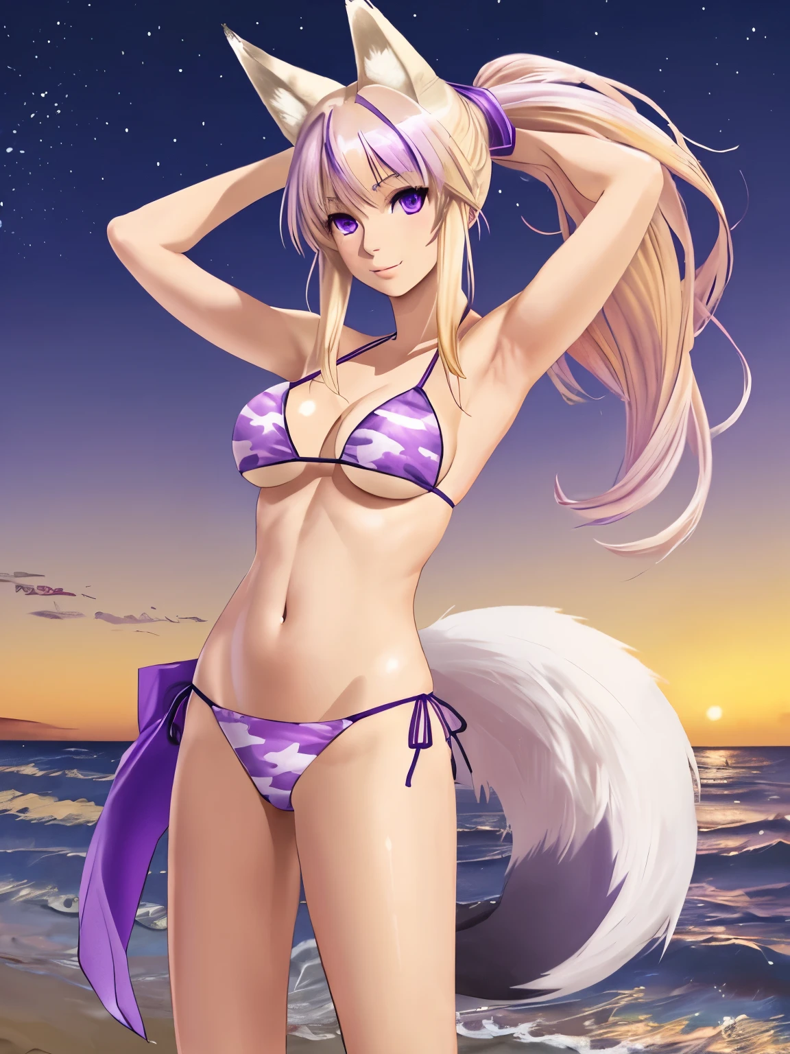 (hyperrealistic), a fox girl with a white fox tail, Sarah Fox, blonde with ponytail, detailed purple eyes, happy, arms behind head, purple camouflage bikini, trained body, medium breasts, standing at the beach, at night