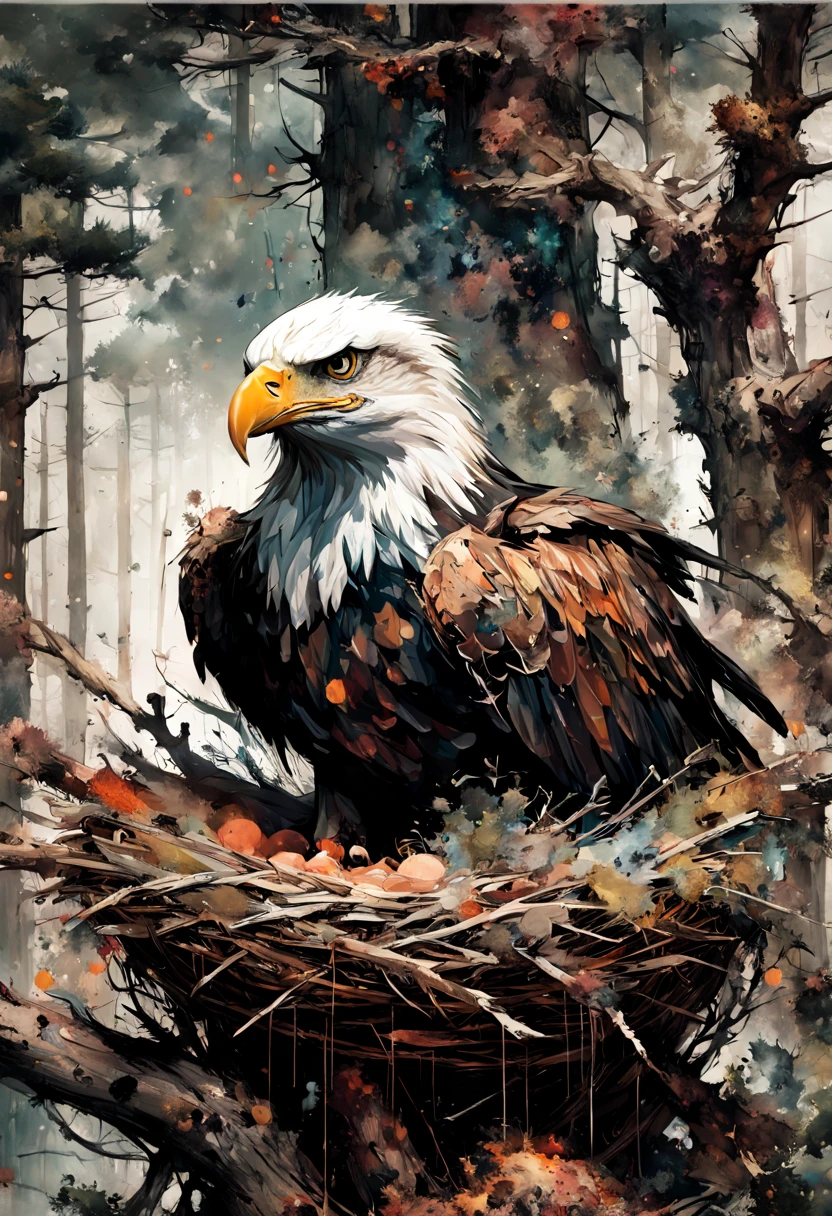 An eagle perched in its massive (nest:1.3), in a pine tree, natural colors, nature colors, Hyper-detailed messy mixed-media masterpiece painting, insanely detailed, by Russ Mills and Alberto Seveso and Agnes Cecile and Jean-Baptiste Monge, zoomed out, intensified cerebral spatterpaint, sharply detailed, sharp focus, uhd, light streaking up