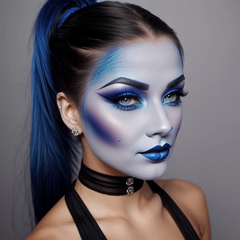 Sexy goth woman,blue face makeup, ponytail,genie