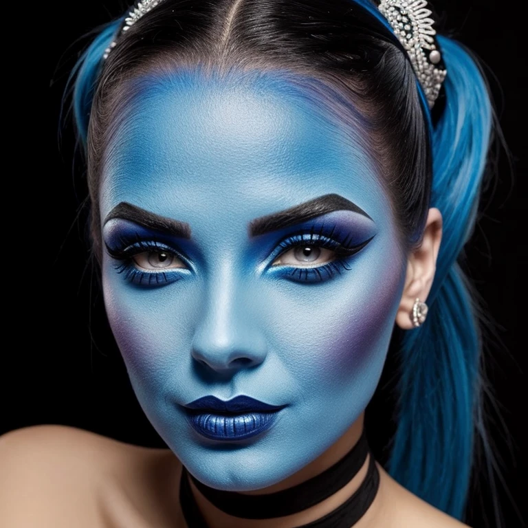Sexy goth woman,blue face makeup, ponytail,genie