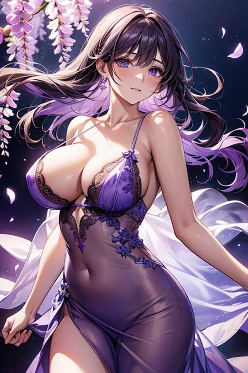 {{{{masterpiece}}}}, {{{super detailed}}}, {{{High resolution}}}, {{excellent anatomy}}, (((highest quality))), ((very delicate and beautiful)), {{very detailed and delicate}}, {8k cg wallpaper},((detailed background))One female、best style、beautiful woman、The most beautiful woman in the world、Purple flowers are blooming on the purple lake surface, soft purple glow, Purple light, (Wisteria shelf), wisteria season, art, Purple petals are dancing everywhere、 Purple water、purple reflective water surface、purple light、(((erotic transparent dress))),((big breasts))、erotic pose、bright light、dazzling light、clear sky