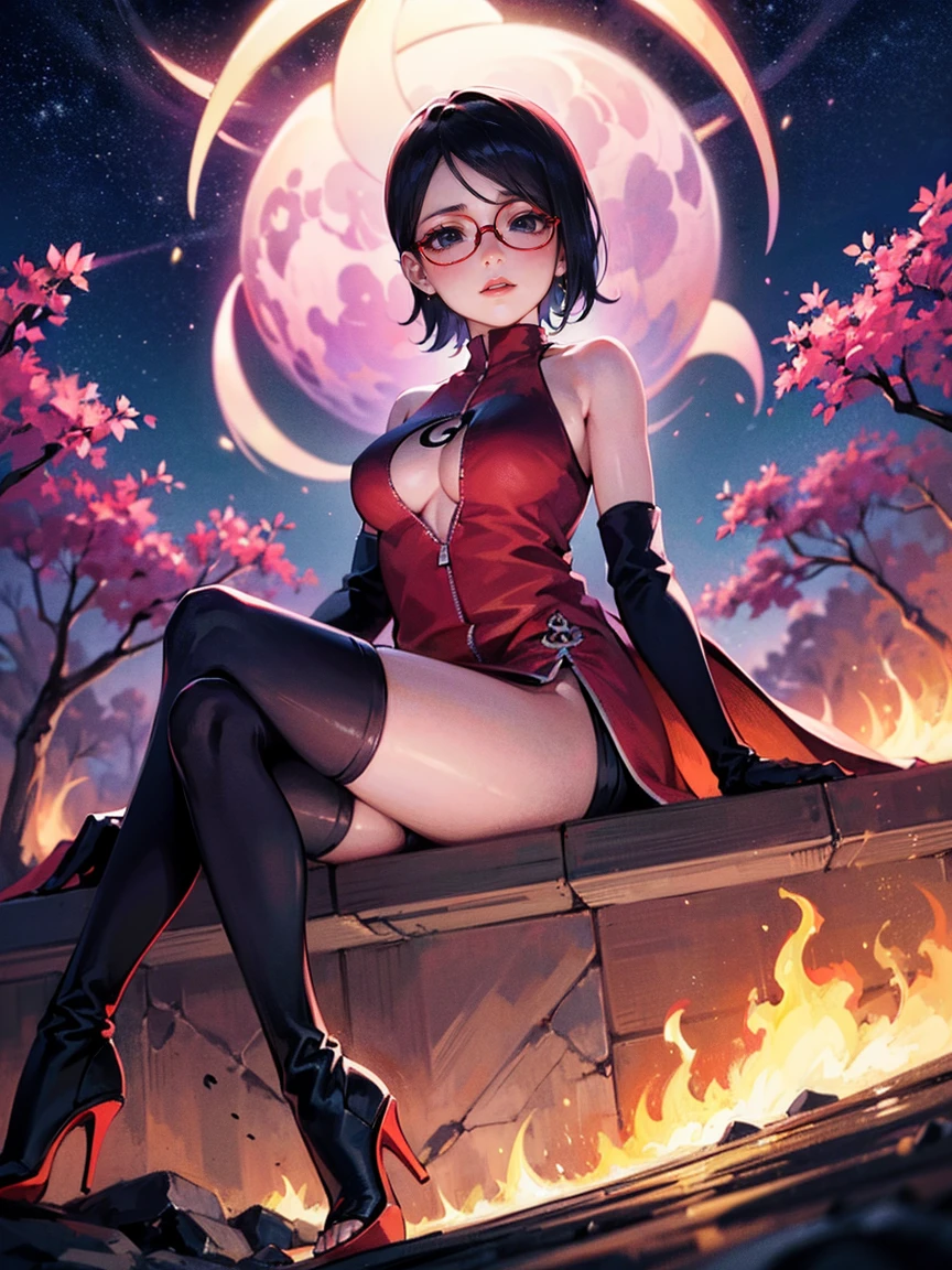 (((Illustration of Sarada Uchiha is wearing with a red bodycon long high neck satin dress, glasses, high boots and stiletto heels))). ((Black eyes,Short hair. delicate eyes)). With the dramatic lighting. Detailed image. Artistic dedication. She is Parading over the water of a lake in a burning jacaranda forest with a starry sky and a crescent moon. reflection. black gloves. (purple flames. red lipstick. Gold jewelry. Milky Way. fireflies).