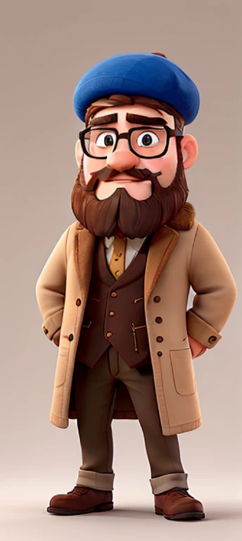 A rather strong man, white, with a beard on the sides of his face, wearing a beret and glasses, with a brown coat.