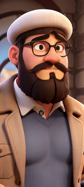 A rather strong man, white, with a beard on the sides of his face, wearing a beret and glasses, with a brown coat. 