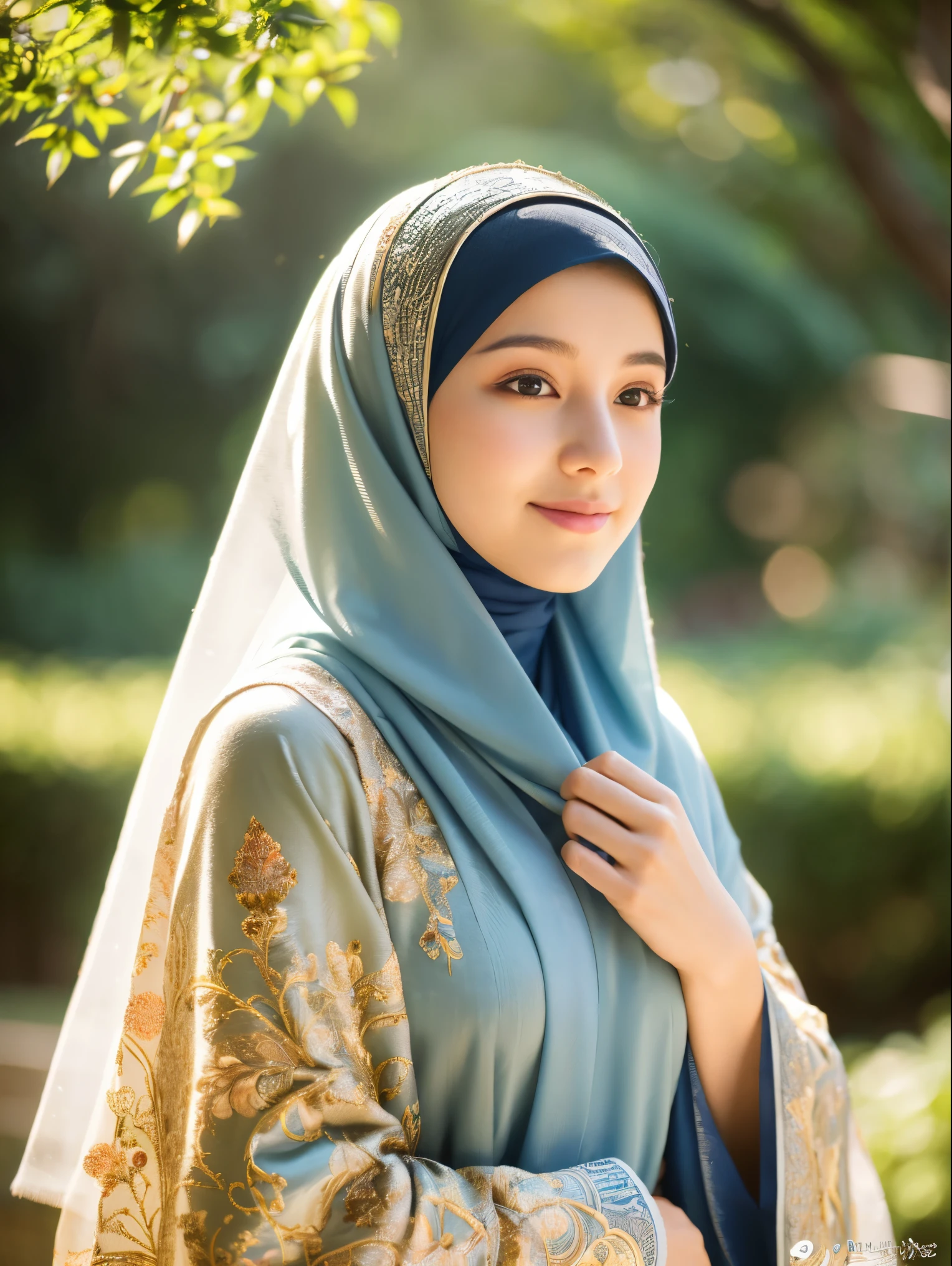 (best quality,4k,8k,highres,masterpiece:1.2),ultra-detailed,(realistic,photorealistic,photo-realistic:1.37),Hijab abaya teen girl,beautiful detailed eyes,beautiful detailed lips,extremely detailed eyes and face,long eyelashes,modest smile,natural makeup,stunning facial features,light brown skin tone,intense gaze,graceful pose,serene atmosphere,airy garden setting,soft sunlight streaming through the trees,subtle shadows,captivating beauty,delicate floral patterns on the abaya,shimmering hijab with intricate embroidery,traditional Islamic clothing,artistic representation,highly detailed fabric texture,pure modesty,radiant confidence,subtle color palette,harmonious blend of pastel tones and earthy shades,ethereal lighting effect,evoking a sense of peace and tranquility,thoughtful expression,quiet elegance,serene eyes reflecting inner wisdom,meticulous attention to cultural and religious attire,exquisite craftsmanship,expressive body language,subtle storytelling,inspiring reverence and respect,blending tradition with modernity,celebrating diversity and inclusivity.