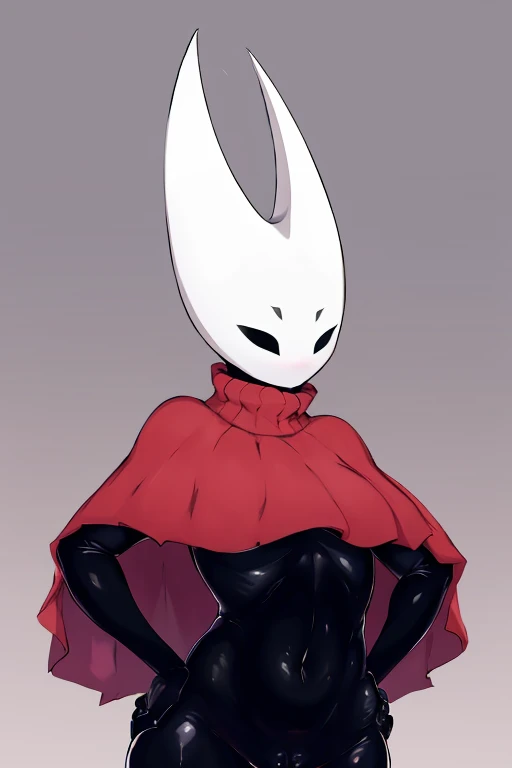 upper body, lower body, hornet, 1girl, solo, mask, closed eyes, simple background, (black skin:1.2), red capelet, turtleneck, hands on hips, vagina touching