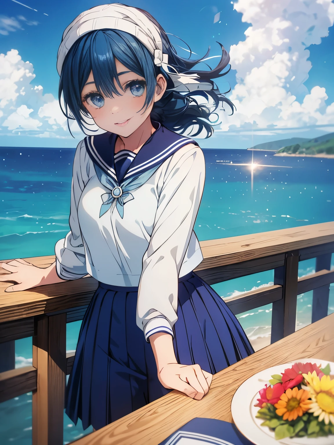 (table top ,highest quality,Extremely detailed), 1 Cute Pure Girl,innocent smile,serafuku,blue color,navy pleated skirt,from below,blue sky,White cloud,summer sunshine,fine and beautiful eyes,sparkling eyes,glossy lips, perfect anatomy , perfect five fingers,Charm,wonderful, Super Fine Age