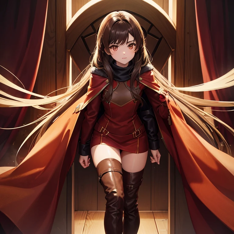 long dark brown hair, golden eyes and fair skin. She wears a jumper-style outfit comprised of dark brown leather, a red hood, red socks, and white thigh-high boots adorned with