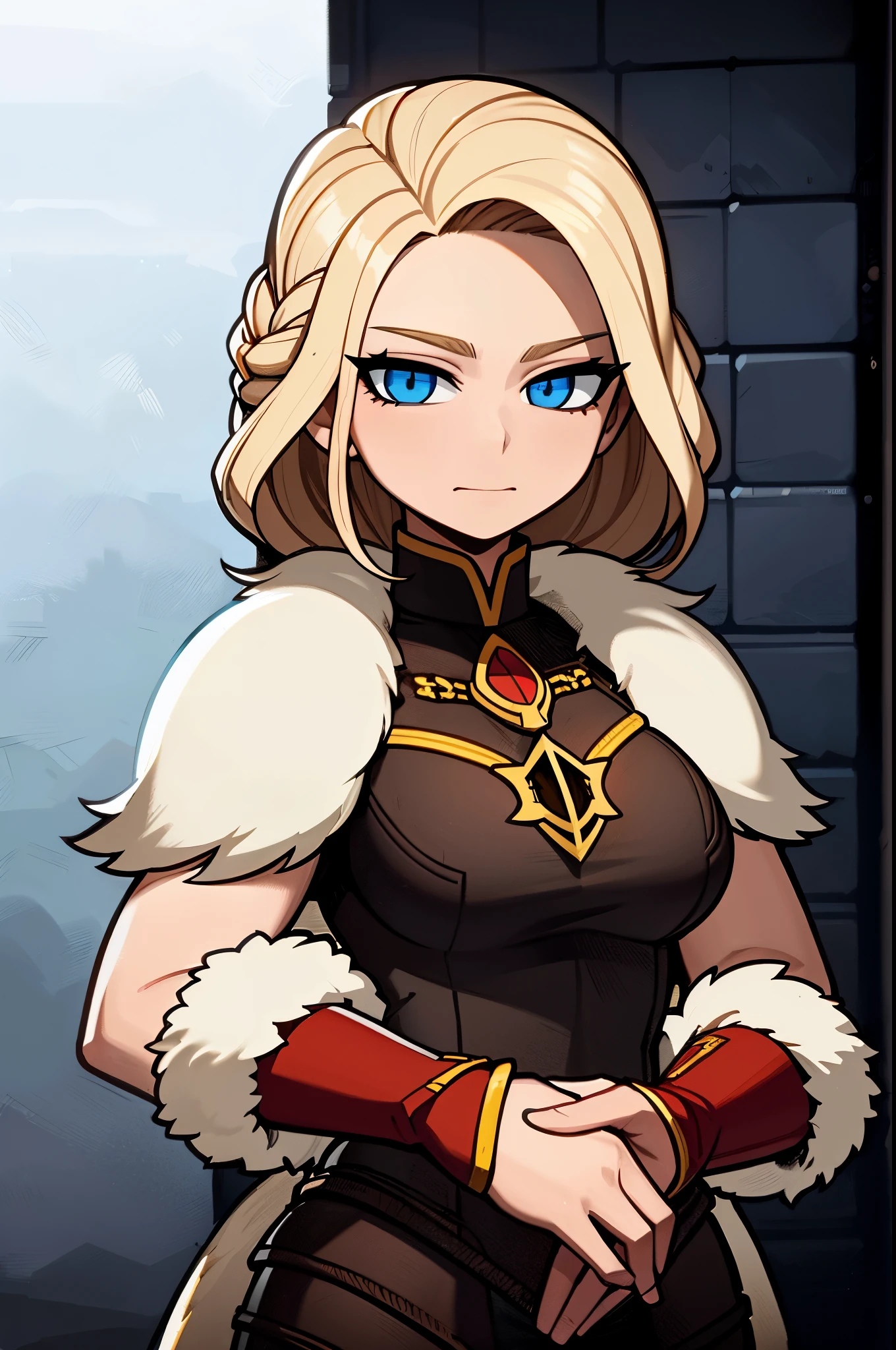 Anime - imagem de estilo de uma mulher com cabelo loiro e olhos azuis, viking outfits, fur outfits, inspirado em Li Chevalier, portrait of a female anime hero, portrait knights of the zodiac girl, retrato de paladino feminino, Ashé, Epic RPG Portrait, sorriso malicioso, natalie from epic battle fantasy, retrato cavaleiro feminino, Astri Lohne, kda, imagem de avatar