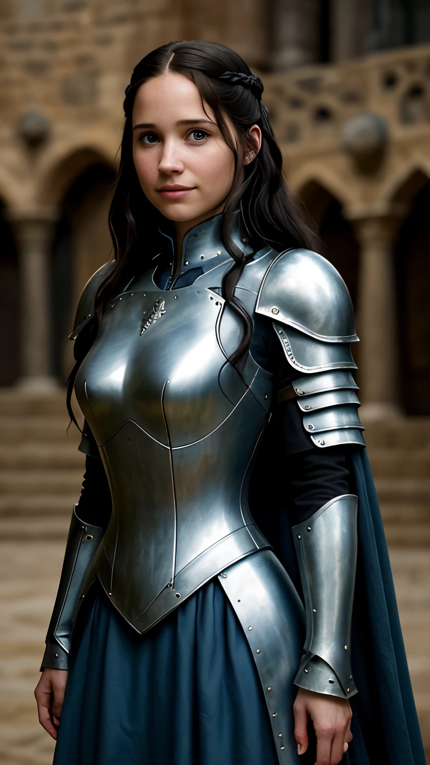 Foto hiperrealista en primer plano de Kelsey Asbille,  Create dystopian masterpieces, scene from the Game of Thrones movie, the entire figure dressed in Game of Thrones style, light blue dress with armor accessories, inside a medieval in,  beautiful woman, skinny, large big breasts, black long hair, detailed face, smile, facing the camera, photo taken from a distance, age of 25 years old