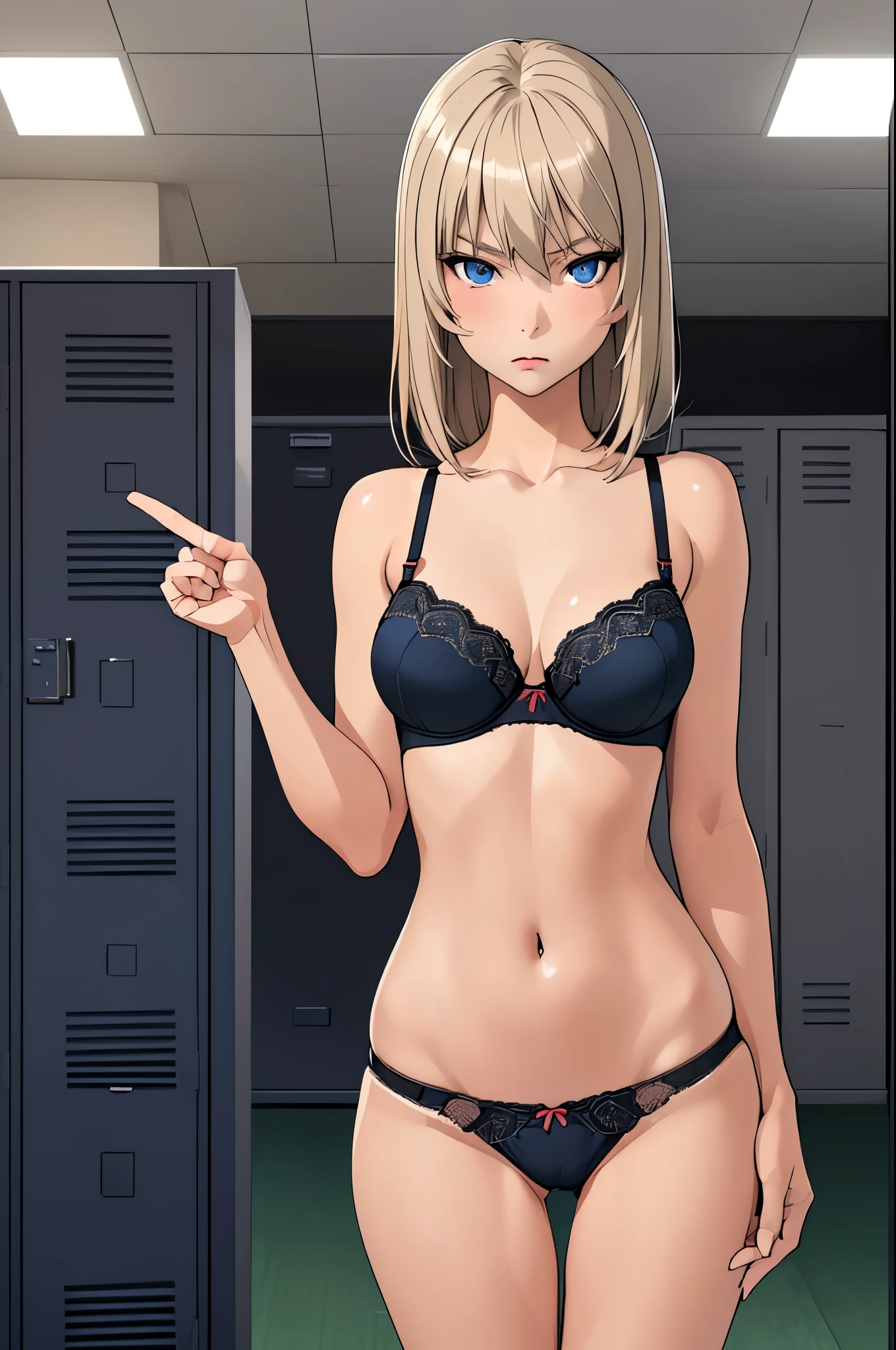 masterpiece, best quality, Itsumi Erika, 1girl, ashen blonde hair, blue eyes, solo, medium breasts, sexy black underwear, black panties, black bra, standing frontally, pov, looking at viewer, whole body can be seen, expressionless, indoors, locker room, detailed hands, five fingers