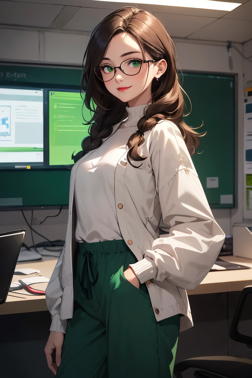 ((best quality)), ((masterpiece)), (detailed), Ridiculous resolution, high resolution, (masterpiece:1.4), Hyper-detailing, a woman. she is 20 years old. She has brown hair. curly Wavy hair. Mid length hair. braids. ((Ultra-detailed dark green eyes.)) She is wearing black cotton pantaloon. She is wearing a white doctor's gown over her black sweater. She is wearing black framed glasses. She is smiling. She has red lips. She is standing beside an operation room.