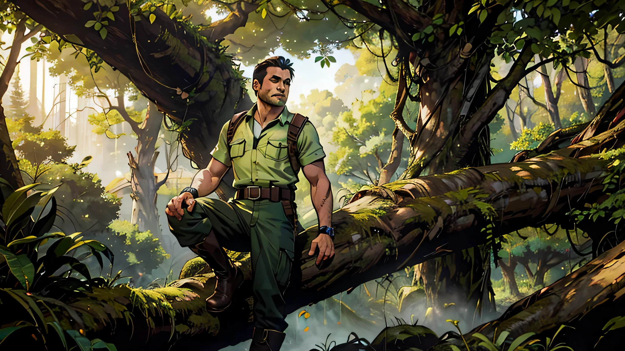 Um homem com roupas de acampamento, black boots and pants, camisa longa verde escura e mochila azulem uma floresta alta, dense trees with little sunlight shining through the forest at dusk.