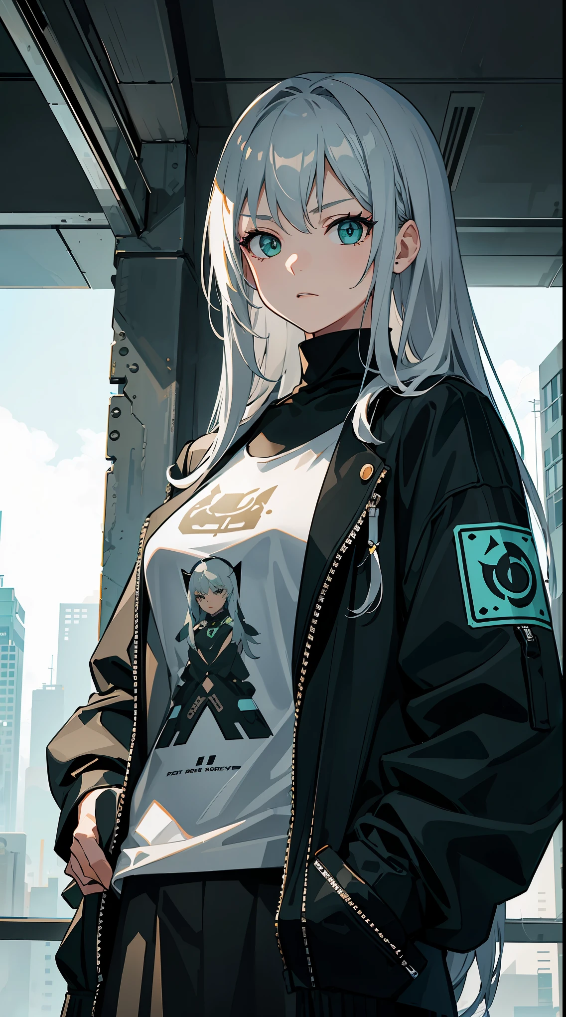 Upper body close-up, cyberpunk city, a girl standing in front of a wall with newspaper on the wall, silver hair, long hair, facial focus, black eyes, witty and beautiful facial features, green print t-shirt, apricot skirt, split long skirt, embroidery pattern, dynamic pose, HDR, detailed details, fashion, cinematic light, detailed clothing texture, game CG, bright art style, real shadows