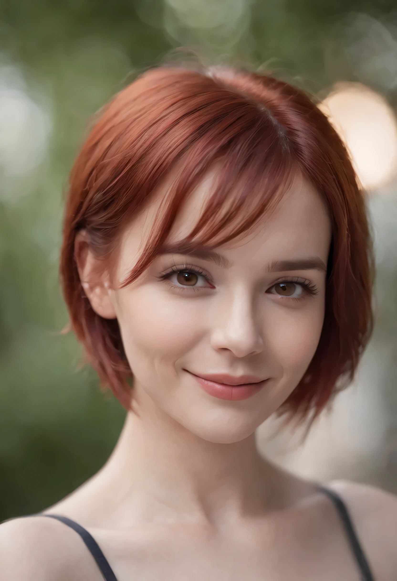 1girl, red hair, red eyes, short hair, smiling