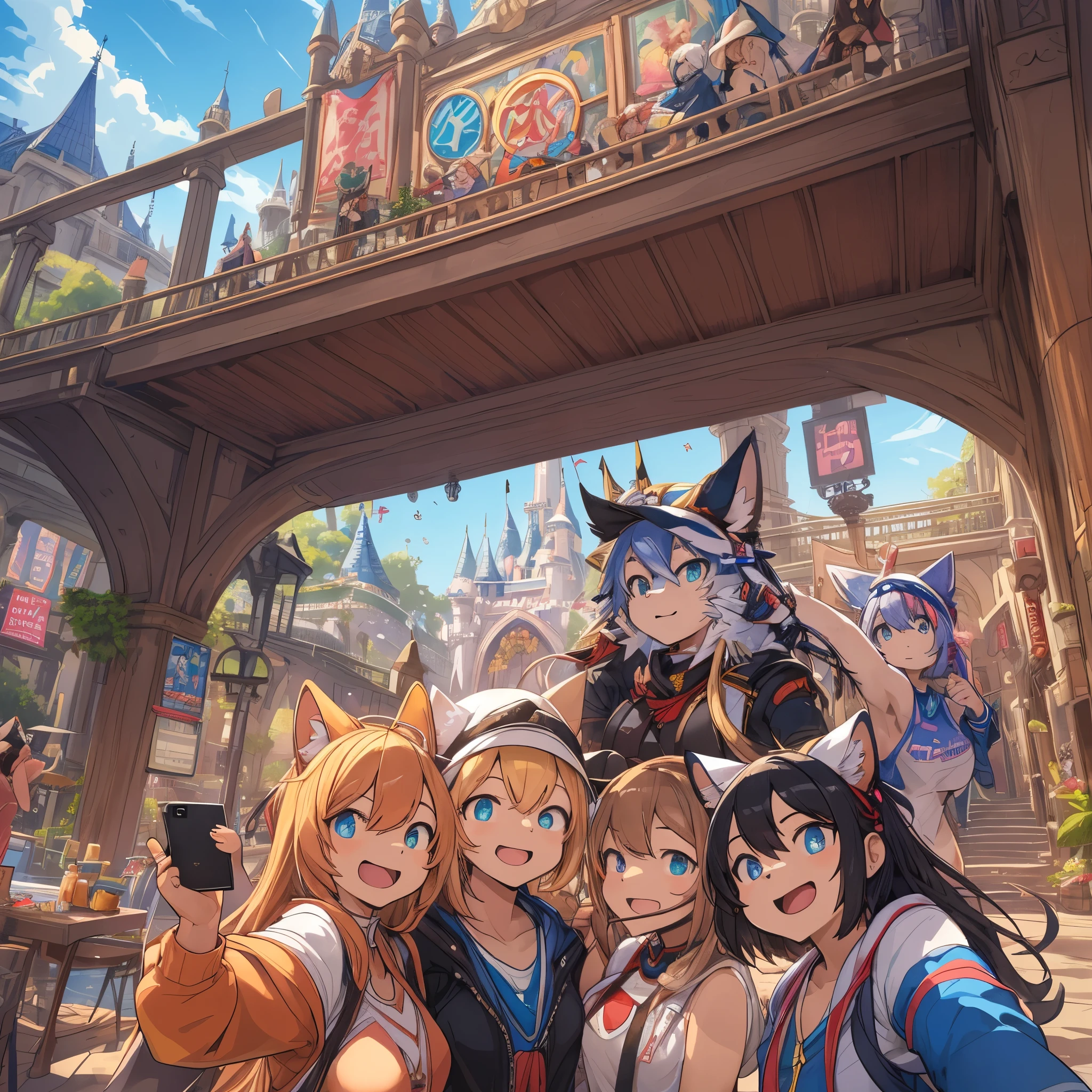 top quality, best quality, High-quality illustrations, masterpiece, super high resolution, detailed background, detailed background, An amusement park, Disneyland, group shot:0.5, 6+boys, 6+girls, Happy, joyful, absurdres(highly detailed beautiful face and eyes)perfect anatomy(Photos taken with friends)(kemono, furry anthro)selfie:0.5,