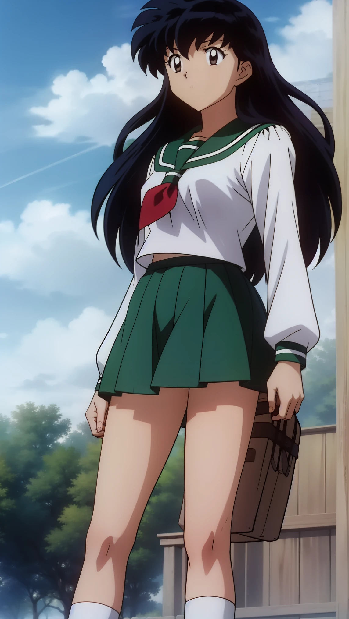 (Masterpiece: 1.6, Best Quality), (Fine Beautiful Eyes: 1.2), (best quality, masterpiece, highres), kagome higurashi, 1girl, solo, green school uniform, soft thighs , long sleeves, white socks, scenery , Best Quality, ((anime)) ((Colored)) HD, ,Standing, Green skirt, Red scarf, long hair, Black hair between the eyes, Thighs are soft, school background