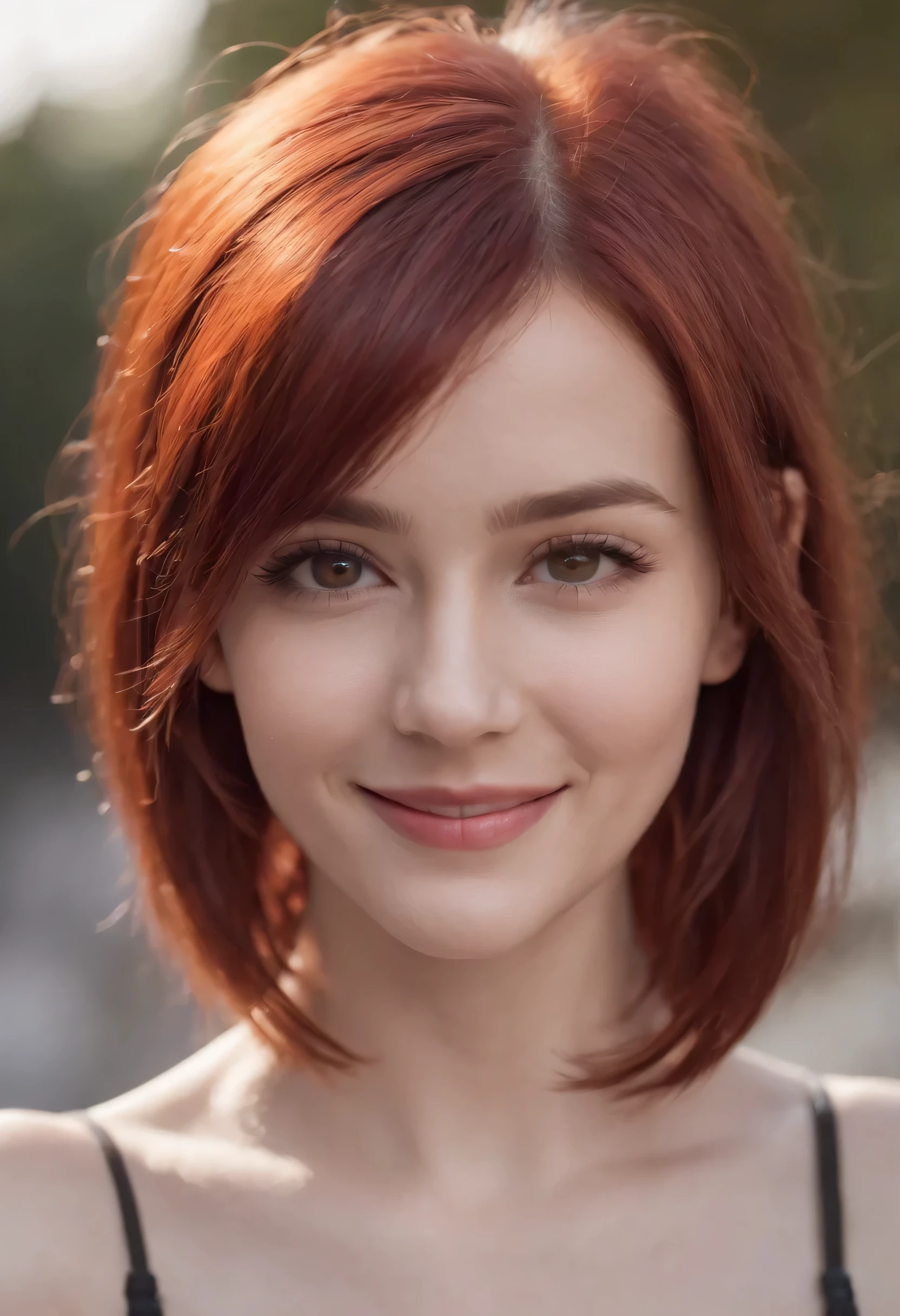 1girl, red hair, red eyes, short hair, smiling