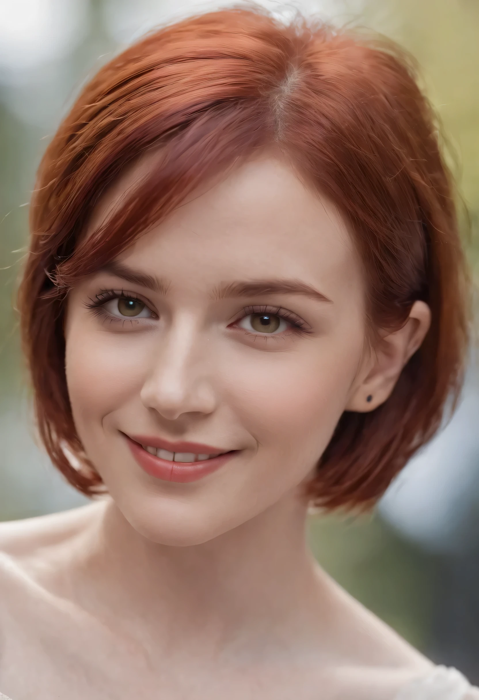 ((best quality)), ((masterpiece)), (detailed), perfect face, red hair, short hair, red eyes, smiling
