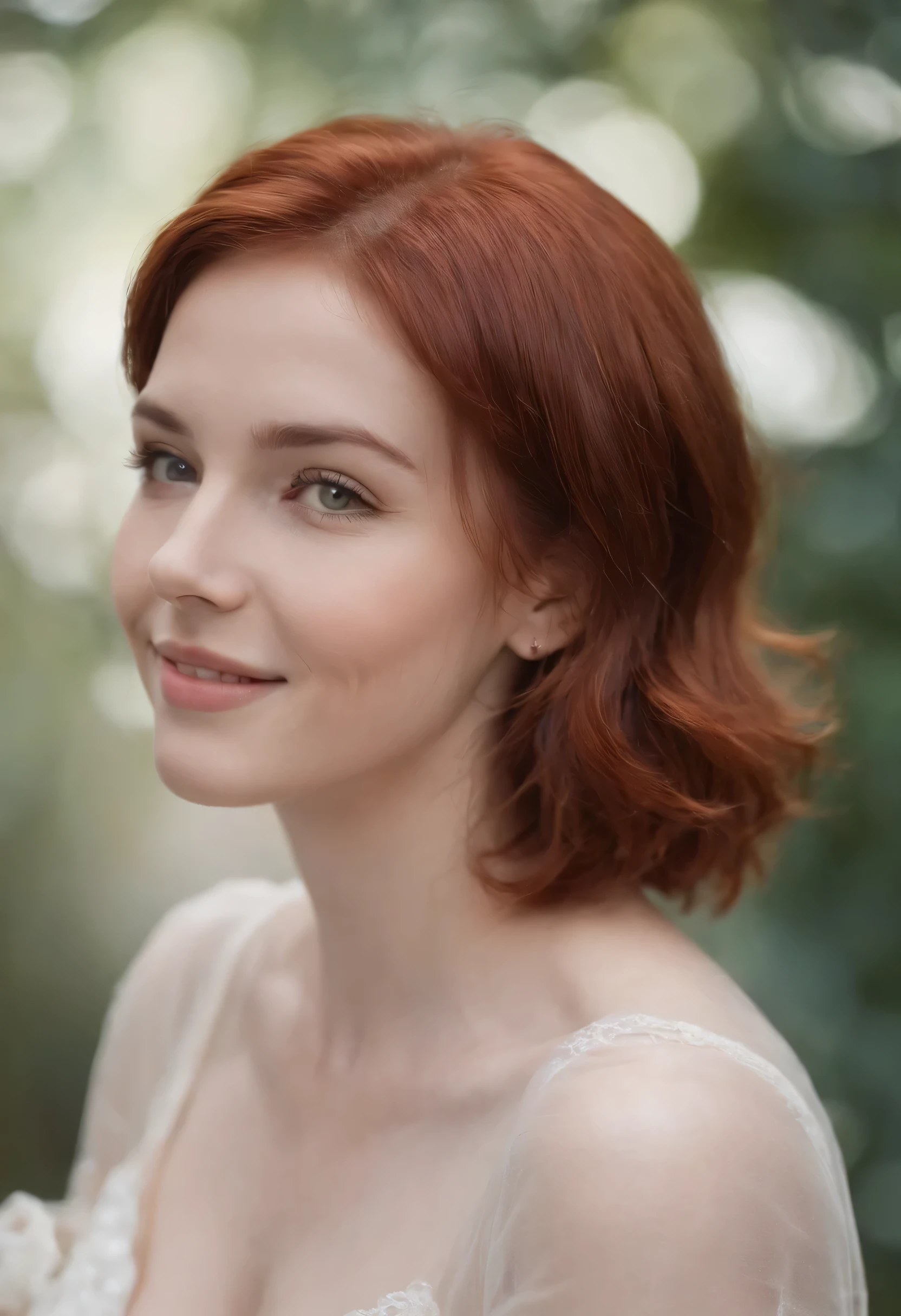 ((best quality)), ((masterpiece)), (detailed), perfect face, red hair, short hair, red eyes, smiling