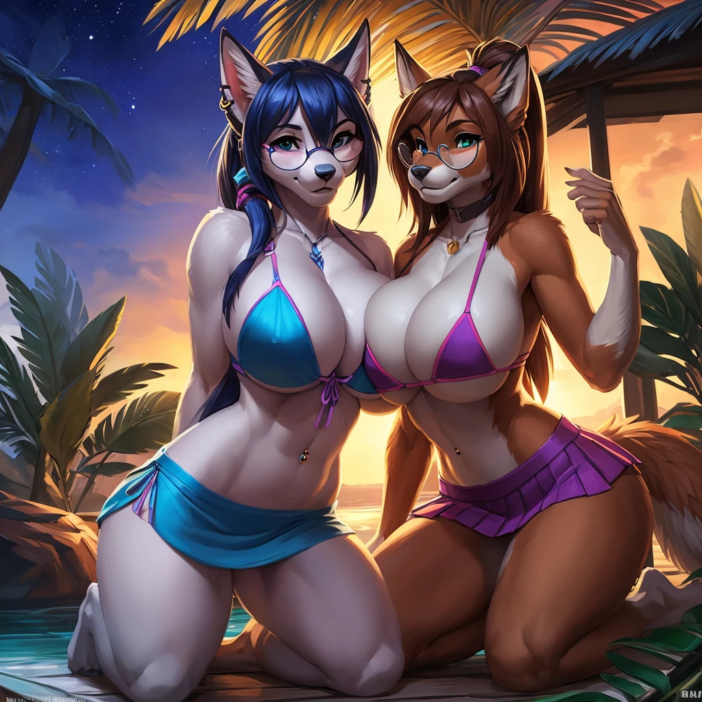 (huge breasts:1.3)(round breasts)(masterpiece:1.2)(high quality)(best quality)(uploaded the e621) Ross Tran, by ruan jia, by zaush, by foxovh, lighting cinematic, seductor,romantic,(d.va),2girls,duo,sexy tight bikini top,(tiny skirt visible panties),ear piercing,(round glasses),ponytail,wide hips,slim waist,(belly button piercing),(looking at viewer),extremely detailed face,detailed eyes,(huge ass), (big thighs),fox girl,bodyfur,anthro,)(slight smile)(parted lips),kneeling,breast fondle,tattoos,(tropical paradise at night in backround)(head tilt)