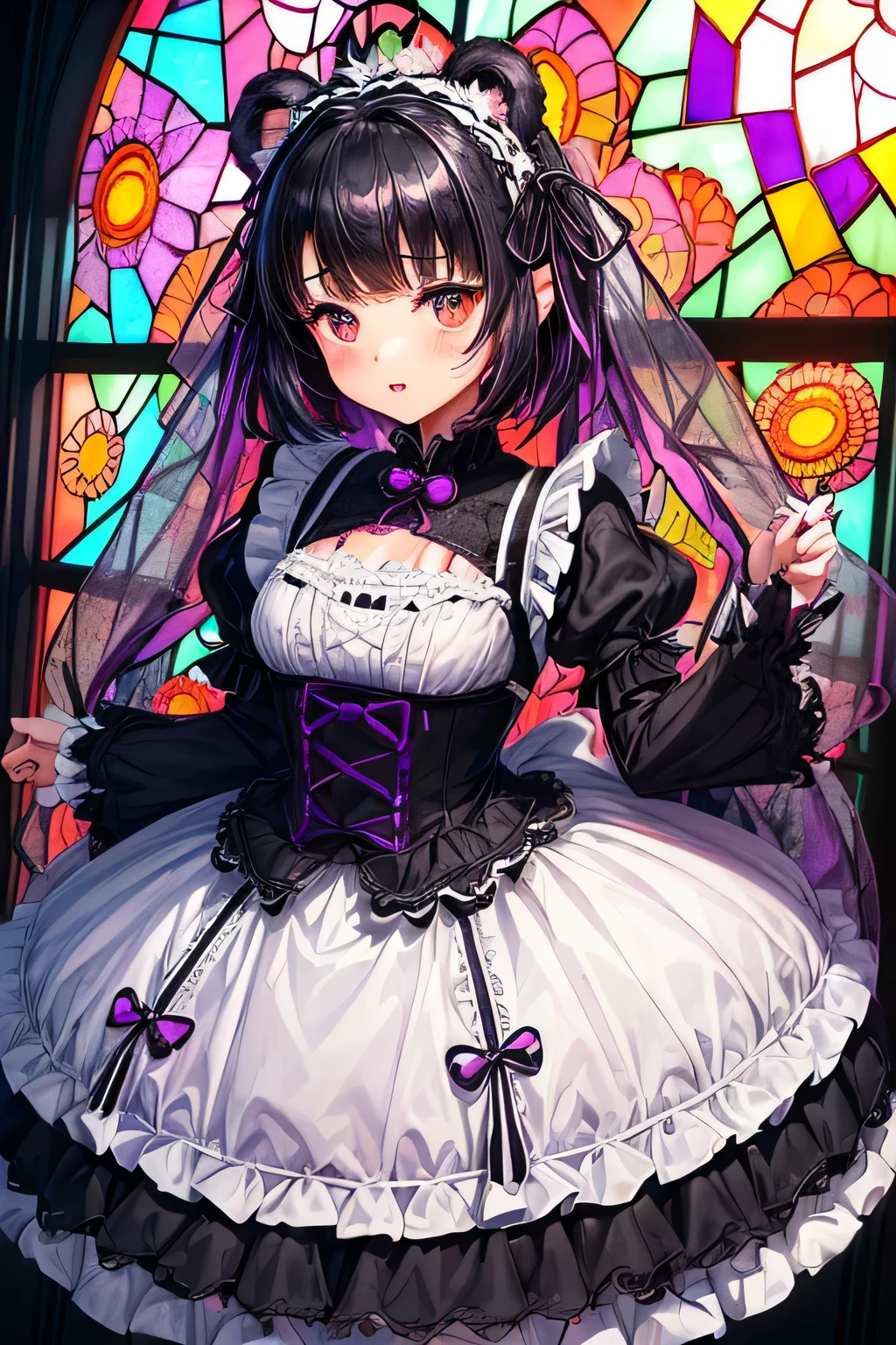 ((worst quality, low quality)), ((Bear-eared chemomimi girl:1.5)), (Gothic Lolita), ((Black-haired berry berry short:1.4)), (((Beautiful clear purple eyes:1.2))), plump and glossy lips, spoken word heart, A posture of leaning forward, perfect hands, (Mr.々decorated with brightly colored gerberas white&black Gothic Lolita:1.5), (voluminous frills:1.3), (basque waist:1.3), (crinoline、long multilayer volume ruffle skirt、Mr.々decorated with brightly colored gerberas:1.5), (intricate gerbera lace embroidery:1.6), (Mr.々decorated with brightly colored gerberasGothic Lolita:2.0), (In white pink high heels、Mr.々Decorated with fresh gerbera flowers of different colors:1.2), (((Stained glass window background:1.3))), ((shining sunlight)), (light particles, shine of light, light:1.4), muste piece,best quality,Super detailed,
