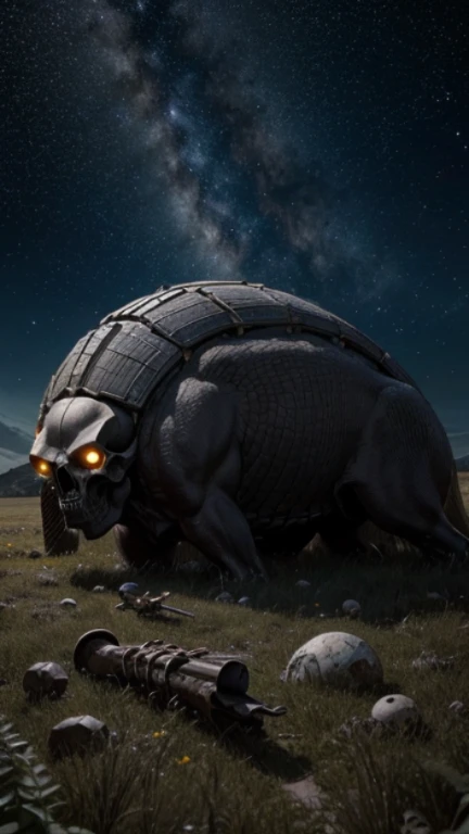 realista, ser mitologico, horror cosmico, pele cinza, rosto de um demonio, com chifres pontudos, gigante, colossal, starry sky, detalhado com armaduras, skulls on the floor