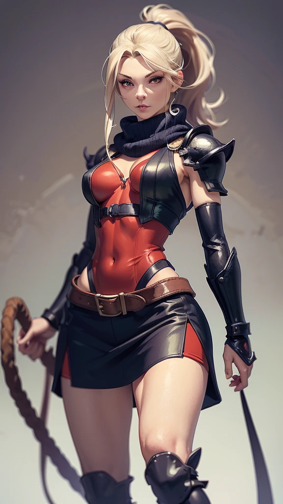 (masterpiece, best quality, chromatic lighting, professional quality),1girl, solo, blonde hair, high ponytail, realistic body proportions, looking at viewer, lips, padded armor, long neck scarf, long hip scarf, boxer, fighting pose, arm gauntlet, simple background, sfw,  steampunk, fantasy, dungeons and dragons