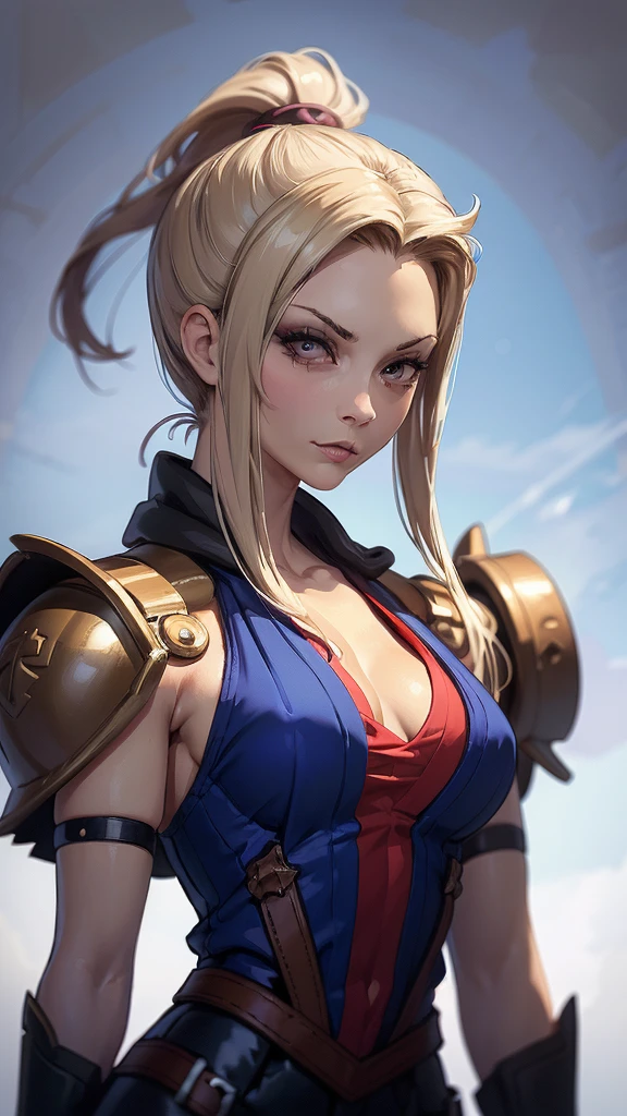 (masterpiece, best quality, chromatic lighting, professional quality),1girl, solo, blonde hair, high ponytail, realistic body proportions, looking at viewer, lips, padded armor, long neck scarf, long hip scarf, boxer, fighting pose, arm gauntlet, simple background, sfw,  steampunk, fantasy, dungeons and dragons