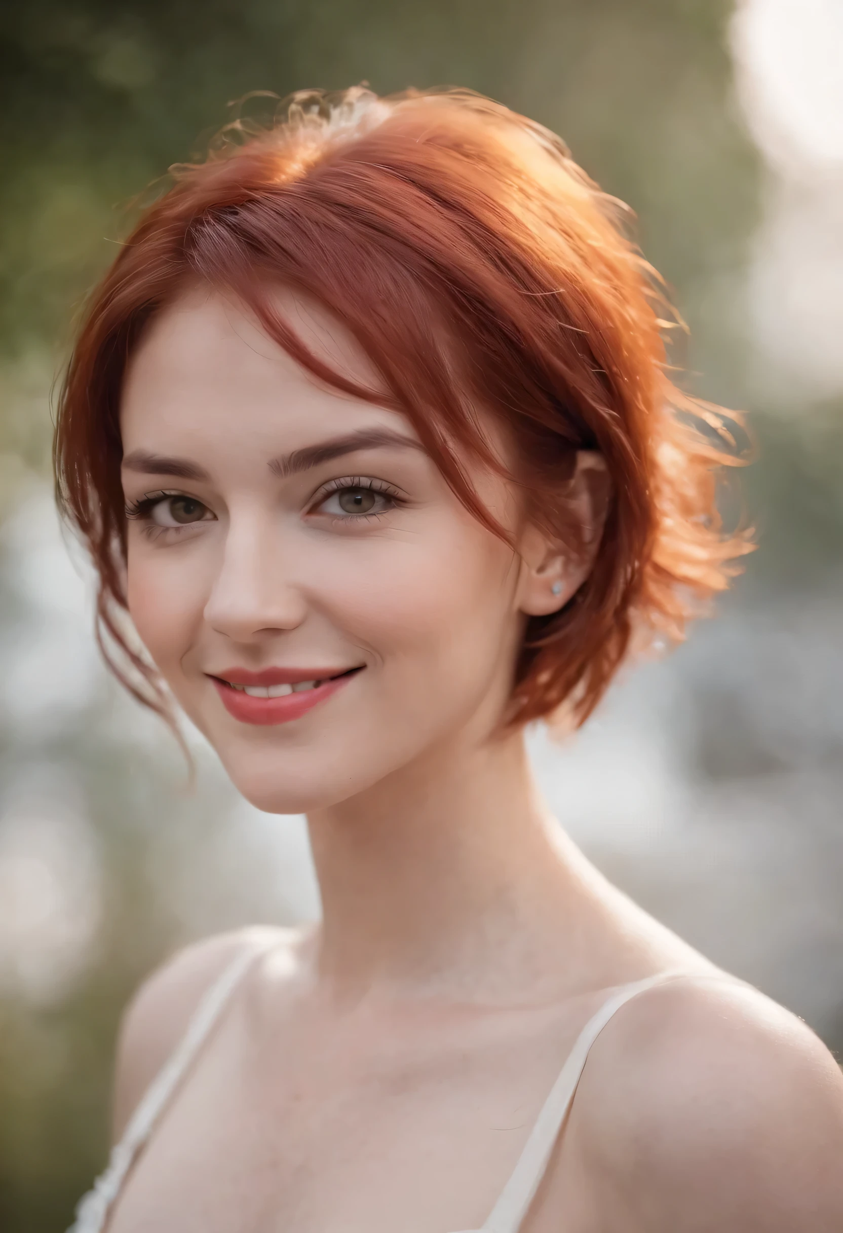 ((best quality)), ((masterpiece)), (detailed), perfect face, red hair, short hair, red eyes, smiling