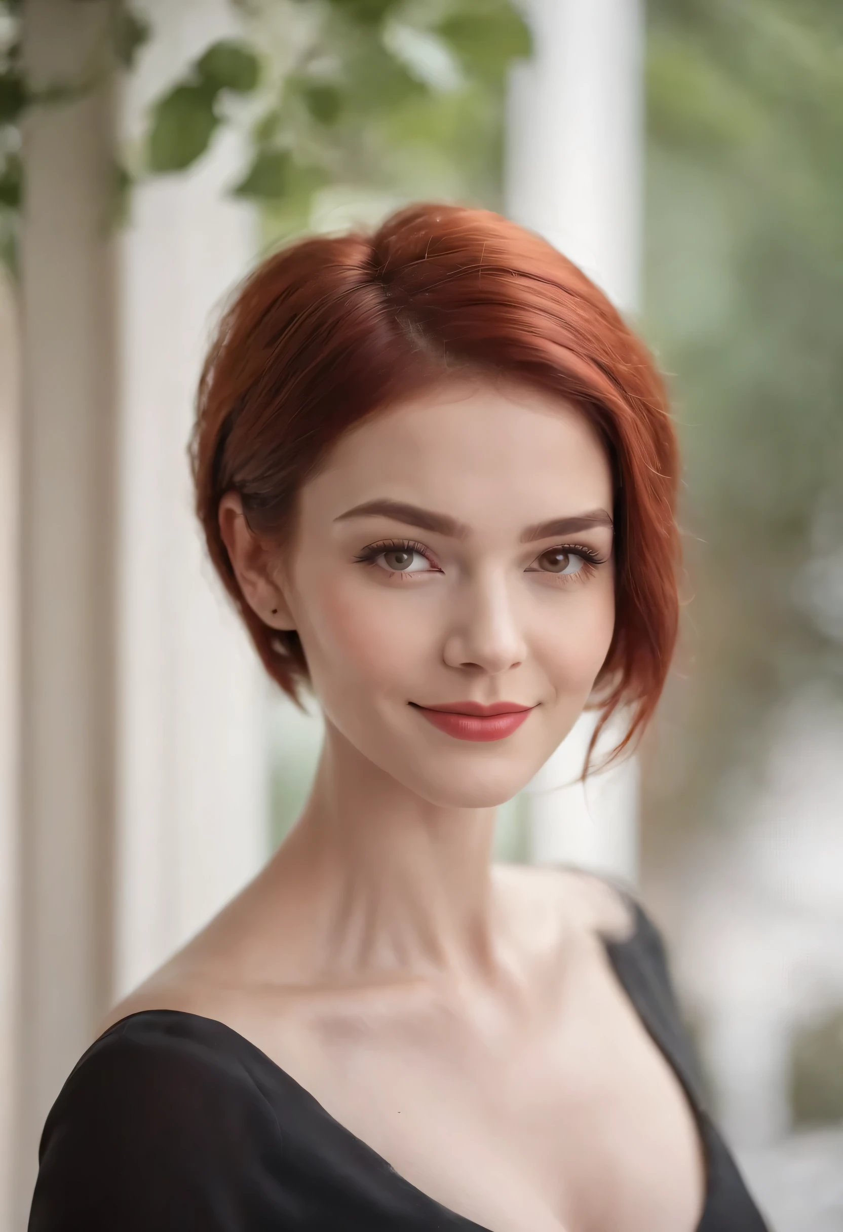 gorgeous woman, red hair, pixie cut, asymmetric dress