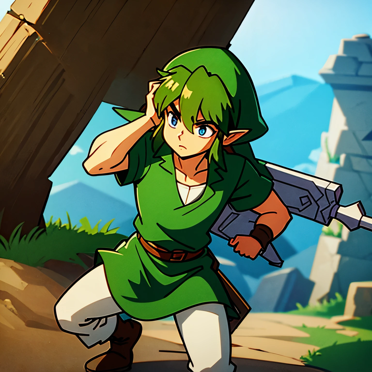 Link from legend of Zelda holding his cap on his head with one hand in the legend of Zelda artstyle 