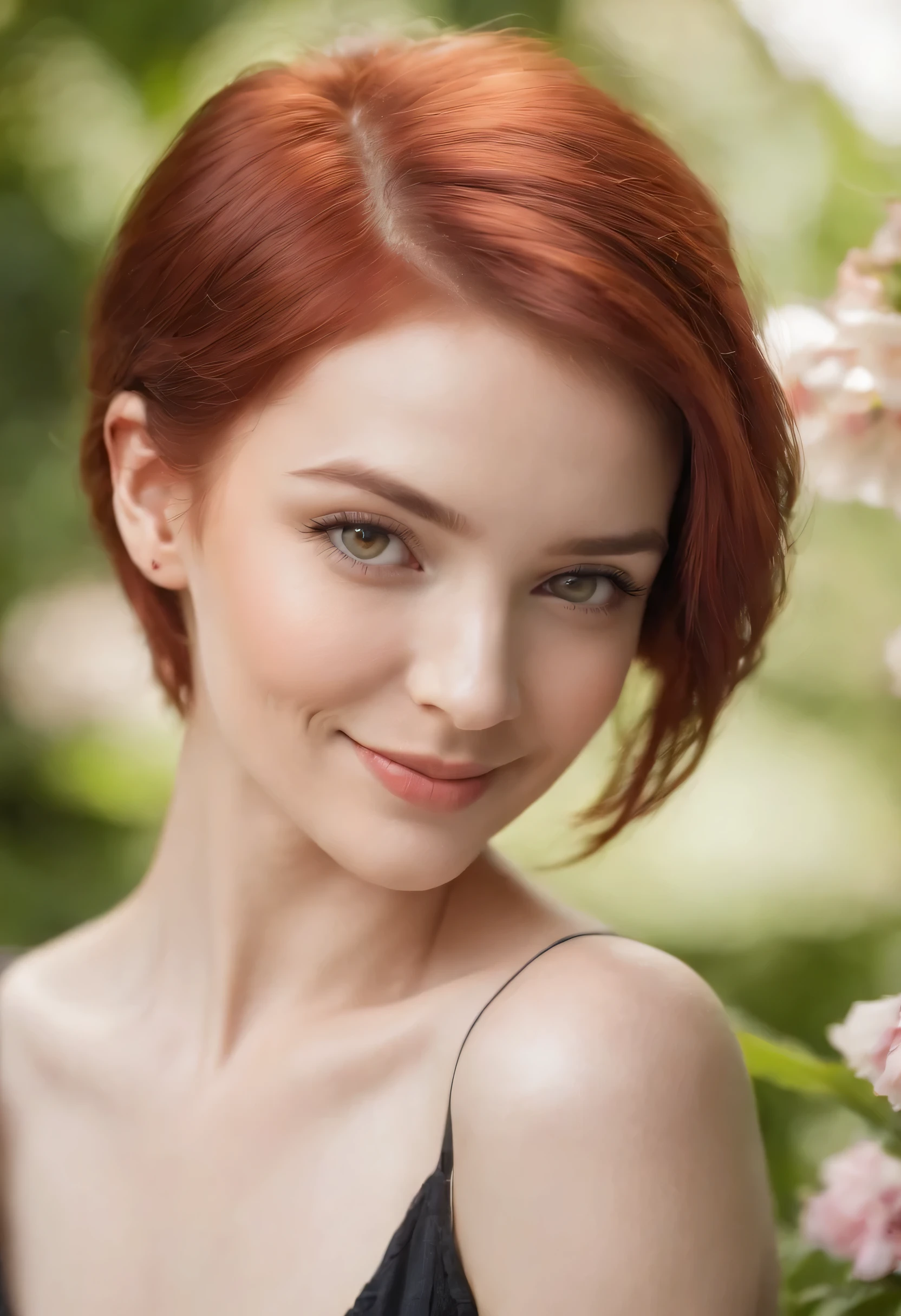 (best quality,masterpiece,detailed,perfect face,red hair,short hair,red eyes,smiling),(oil painting),(vibrant colors,expressive brushstrokes),(garden background,flowers in bloom,sunshine filtering through the leaves),(warm color palette),(soft, diffused lighting)