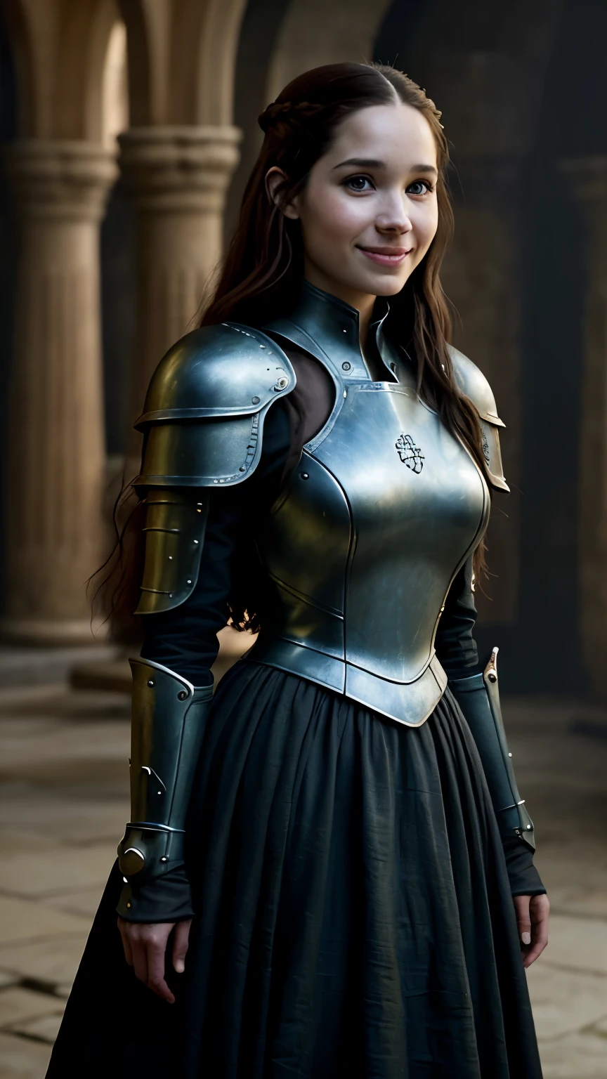 Foto hiperrealista en primer plano de Kate Beckinsale, Create dystopian masterpieces, scene from the Game of Thrones movie, the entire figure dressed in Game of Thrones style, light blue dress with armor accessories, inside a medieval in, beautiful woman, skinny, small breasts, straight brown hair, detailed face, smile, photo taken from a distance, age 20 tears old