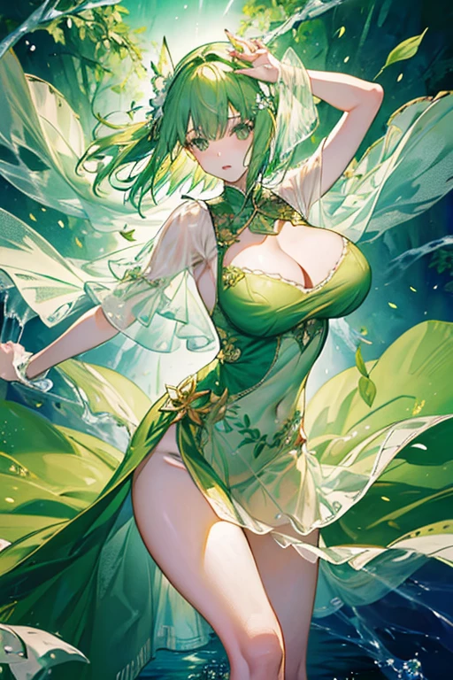 {{{{masterpiece}}}}, {{{super detailed}}}, {{{High resolution}}}, {{excellent anatomy}}, (((highest quality))), ((very delicate and beautiful)), {{very detailed and delicate}}, {8k cg wallpaper},((detailed background))One female、best style、beautiful woman、The most beautiful woman in the world、Green flowers are blooming on the green lake surface, soft green glow, Green light, (green maple), green season, art, Green petals are dancing everywhere、 green colored water、green reflective water surface、green light、(((erotic transparent dress))),((big breasts))、erotic pose、bright light、dazzling light、clear sky