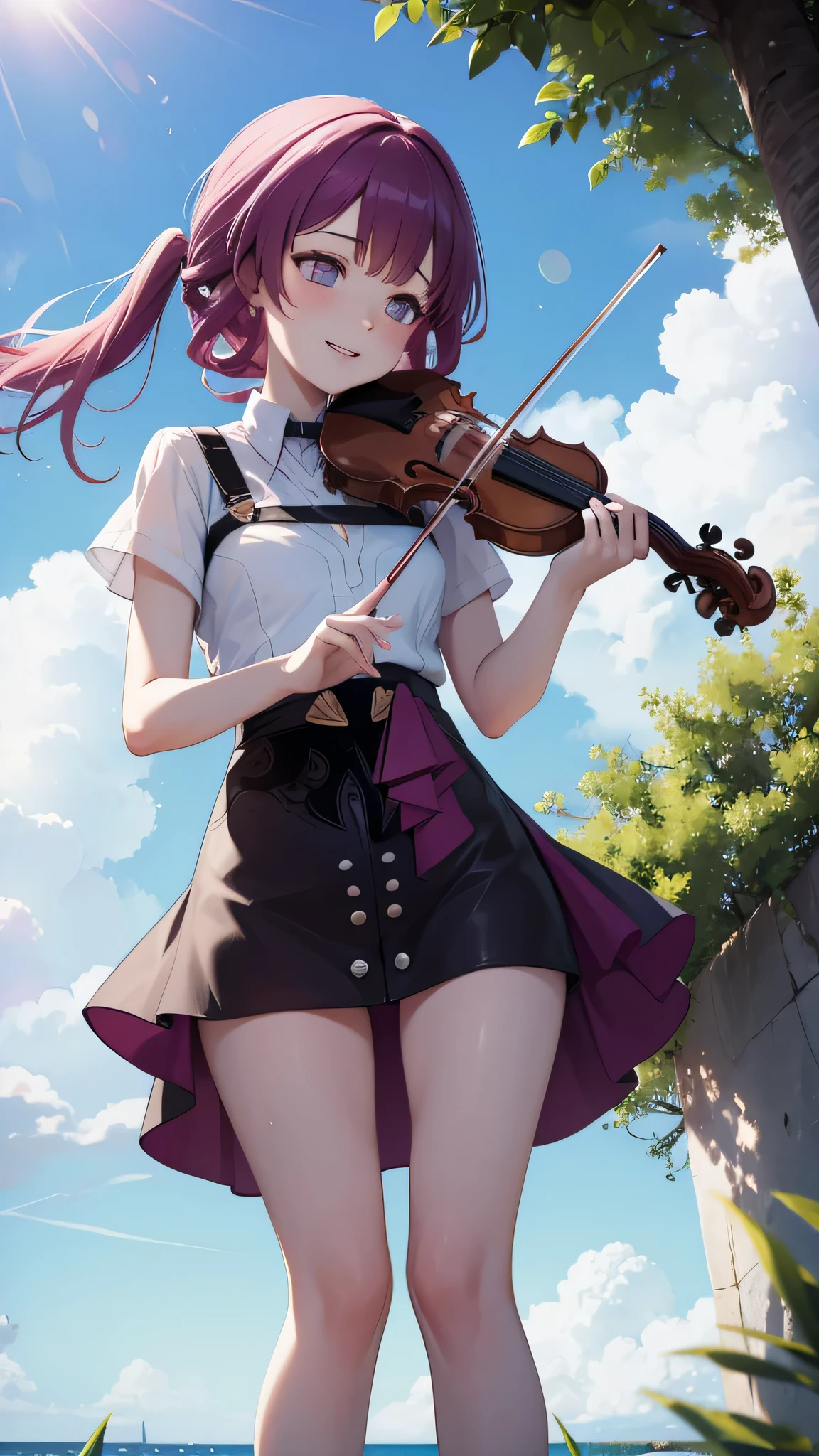 Crea un wallpaper de Kafka tocando el violin en la playa, he&#39;on a windy and sunny day. Ella&#39;lleva un vestido de verano., He has a shy smile on his face...