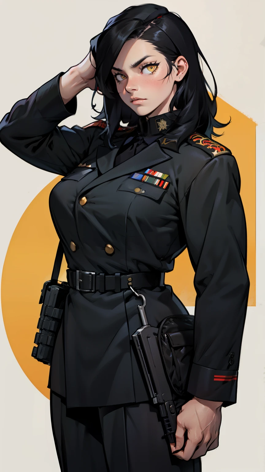 muscular girl thick black hair yellow eyes pale thick breasts holster sad ((((black military uniform))))