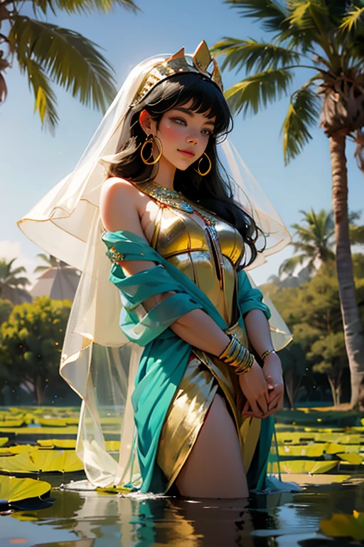1girll,Egyptian traditional wigs，Egyptian attire，Egyptian dress-up，queen of Egypt，goddes，Emerald eyes，Delicate eyeliner，beauitful face，Stand by the lotus pond，Meticulous CG，Movie images，Egyptian sun god，skin is smooth and fair，super high image quality，Egyptian eyeliner，，Egyptian wigs，Enchanted smile，Lotus pond，Inspired by Cleopatra，Cobra headdress