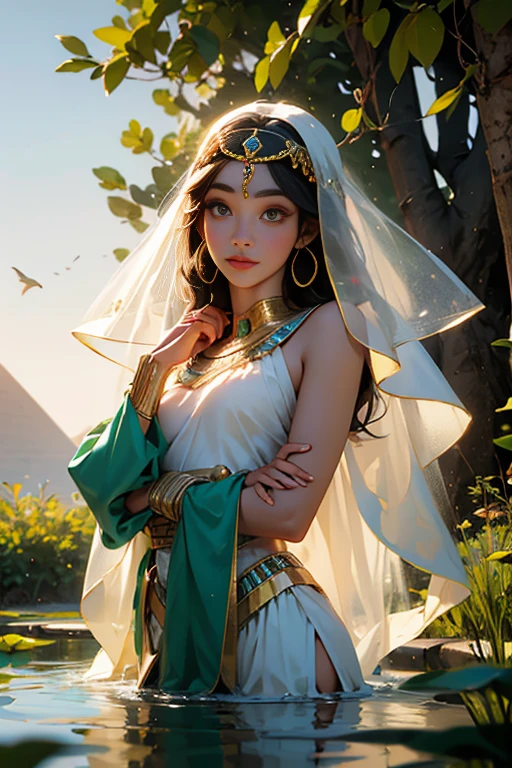 1girll,Egyptian traditional wigs,Egyptian attire,Egyptian dress-up,queen of Egypt,goddes,Emerald eyes,Delicate eyeliner,beauitful face,Stand by the lotus pond,Meticulous CG,Movie images,Egyptian sun god,skin is smooth and fair,super high image quality,Egyptian eyeliner,,Egyptian wigs,Enchanted smile,Lotus pond,Inspired by Cleopatra,Cobra headdress