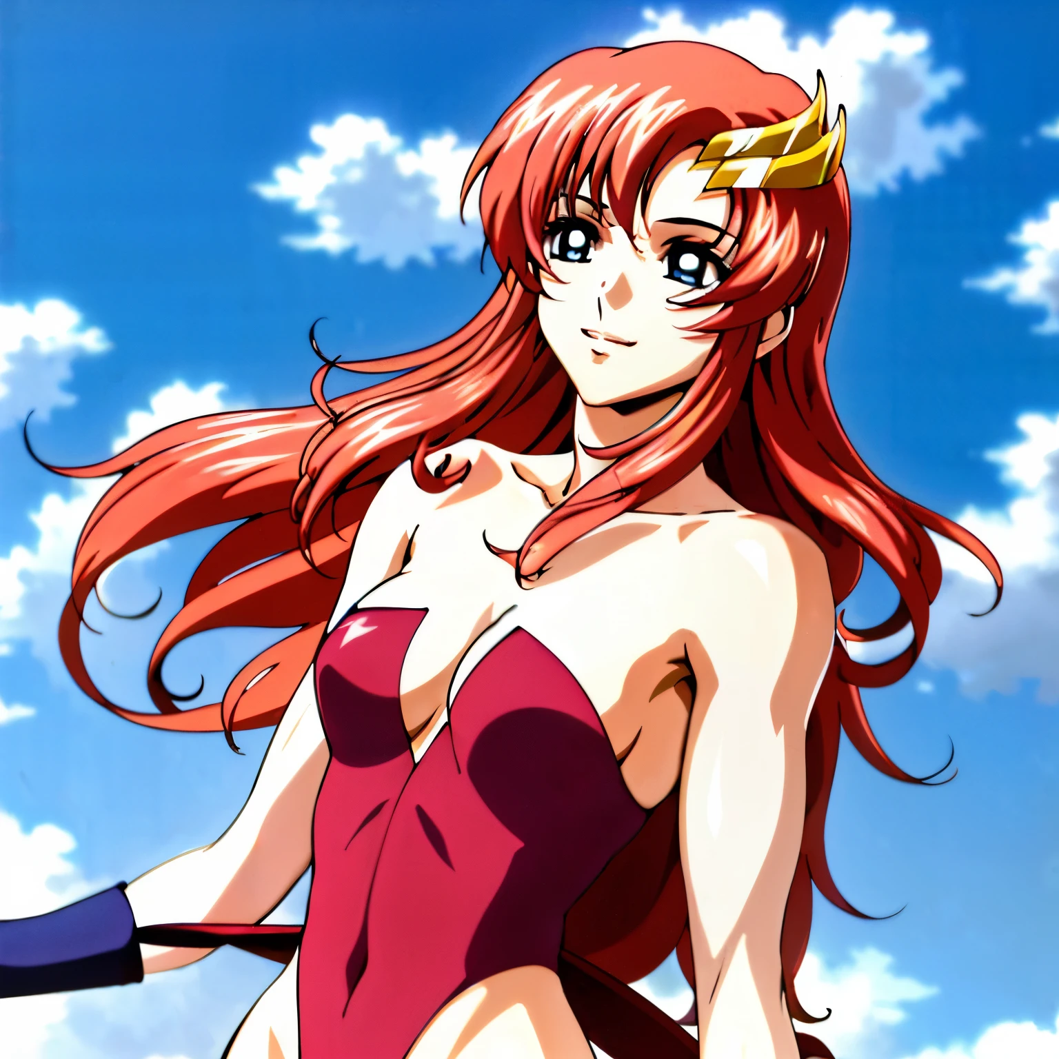 lacus4, solo, arms down, (masterpiece, upper body view, strapless, (very slim shoulders), 4K, Best Quality, Anime style: 1.9, happy, Adult Woman, (ultra detailed head), (cloud background, white skin), Drawing lines, high resolution, lacus4), 1girl, Solo, curvy figure, Long hair, 鎖骨, scapular, (Detailed wide hair bangs, Hair Ornament, Detailed reddish-pink hair, shiny streaks, slim arms, detailed golden crest), cleavage, large hands, (hair cover shoulders). (Big blue eyes, shiny eyes), ((female wrestler, (slim body), little biceps, slim arms, closed fists, thighs)), ((perfect proportions, medium breasts, long belly)), (((very tight leotard, crimson strapless leotard, red arm band, neck band))), smile, (standing, hot colors), detailed fingers, (bare shoulders)
